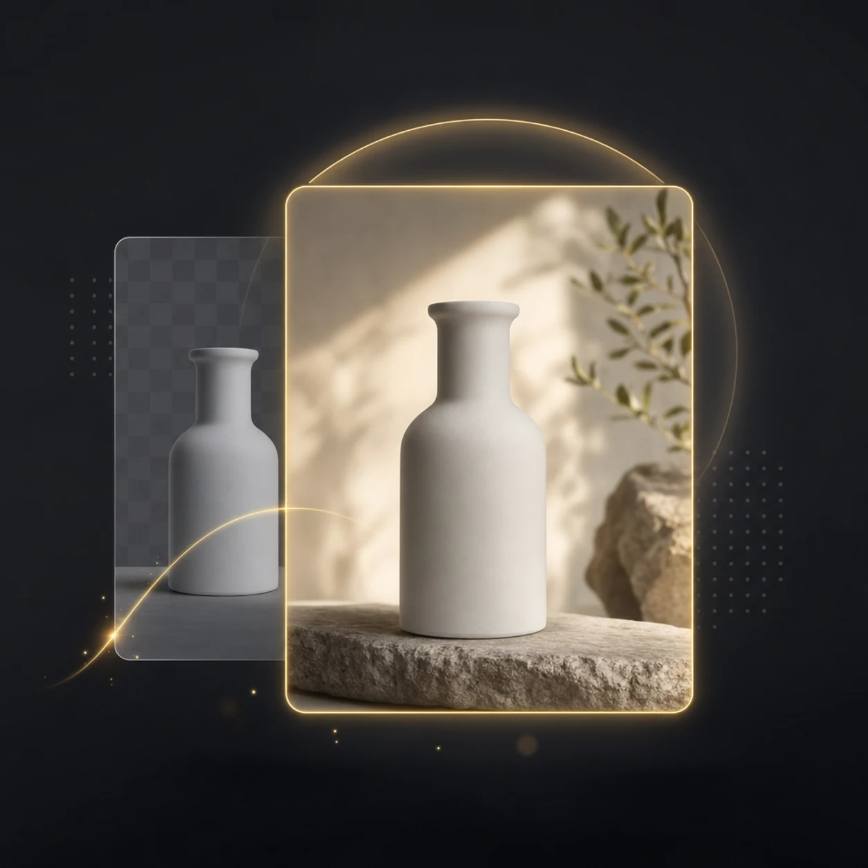 AI background changer result placeholder showing a product card with a newly generated background