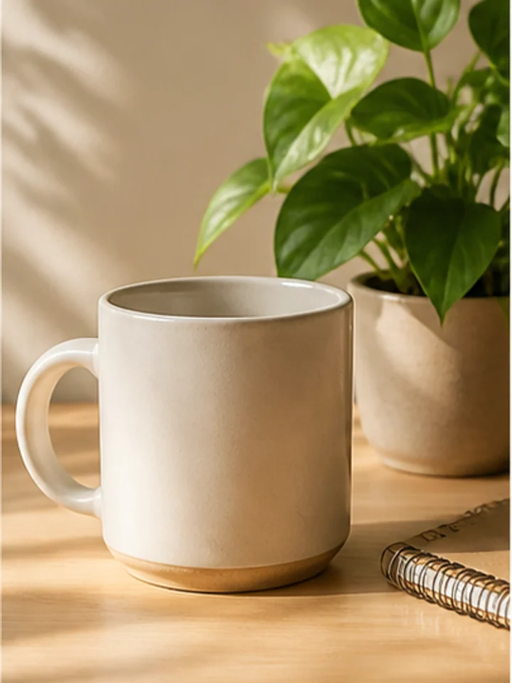 Vorher: Produktfoto einer Kaffeetasse vor und nach der KI-Leinwanderweiterung