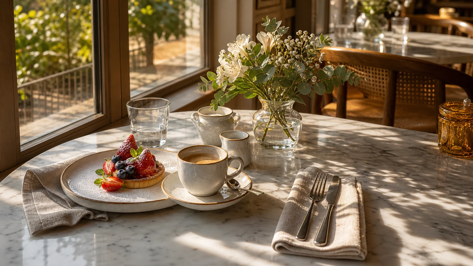 Nachher: Beerentarte und Kaffee auf einem Marmortisch vor und nach der KI-Leinwanderweiterung