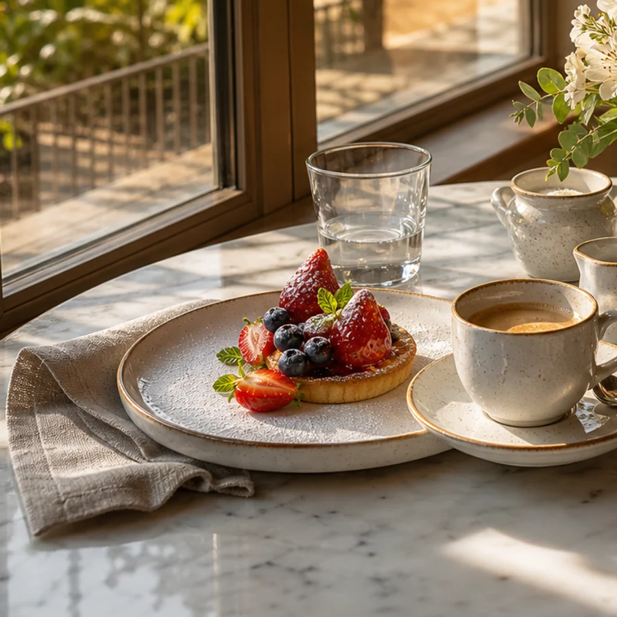 Vorher: Beerentarte und Kaffee auf einem Marmortisch vor und nach der KI-Leinwanderweiterung