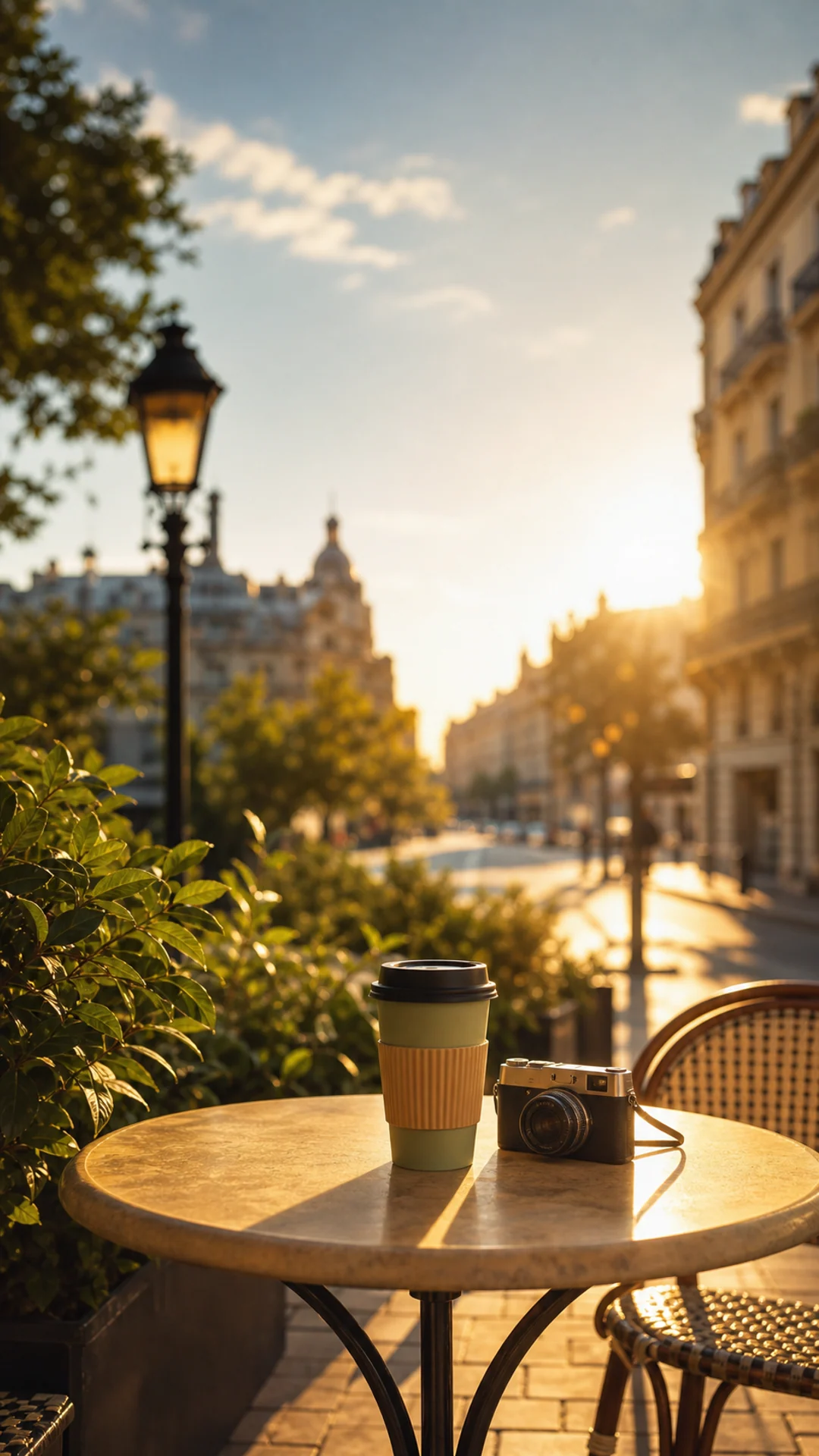 Nachher: Kaffeebecher zum Mitnehmen und Kamera auf einem Cafétisch vor und nach der KI-Leinwanderweiterung