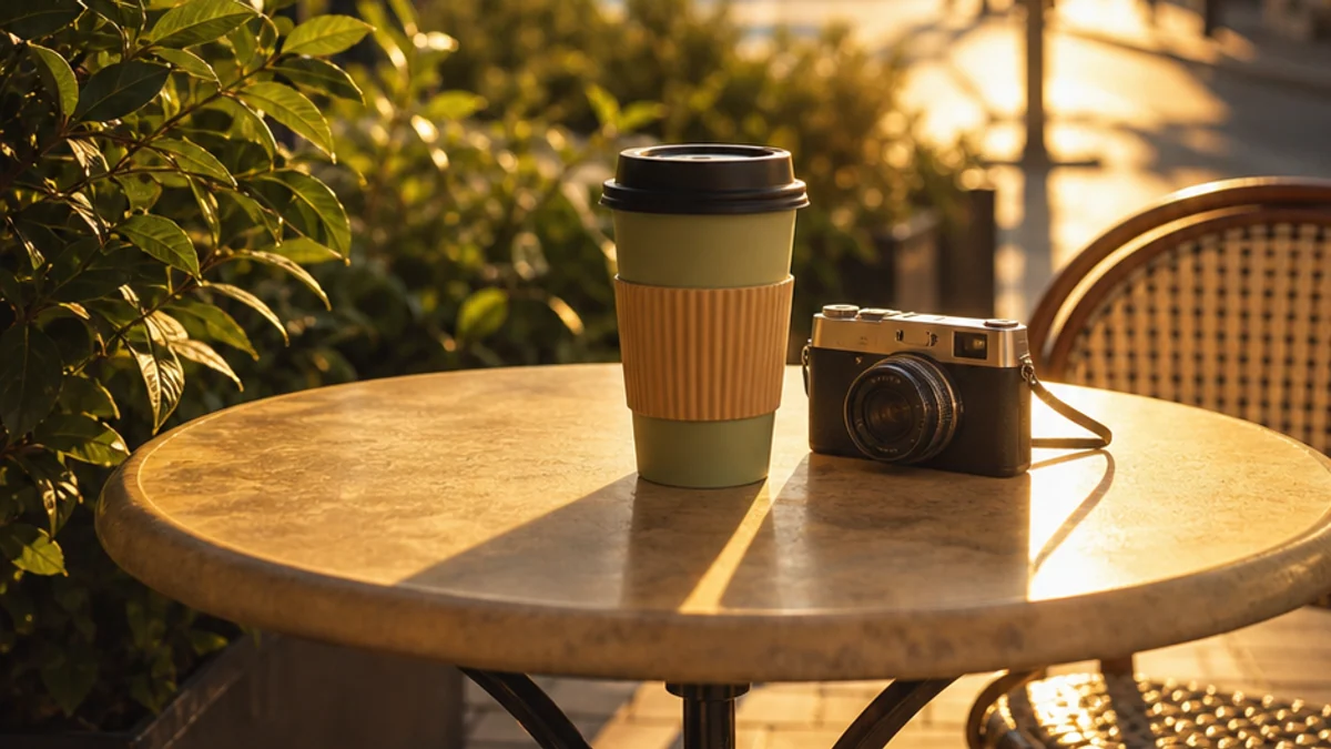 Vorher: Kaffeebecher zum Mitnehmen und Kamera auf einem Cafétisch vor und nach der KI-Leinwanderweiterung