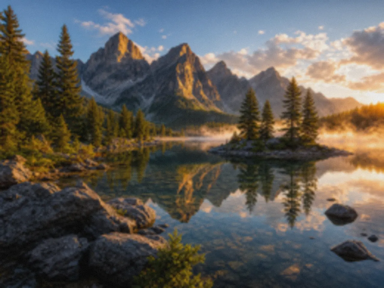 Before: Mountain lake landscape before and after AI upscaling