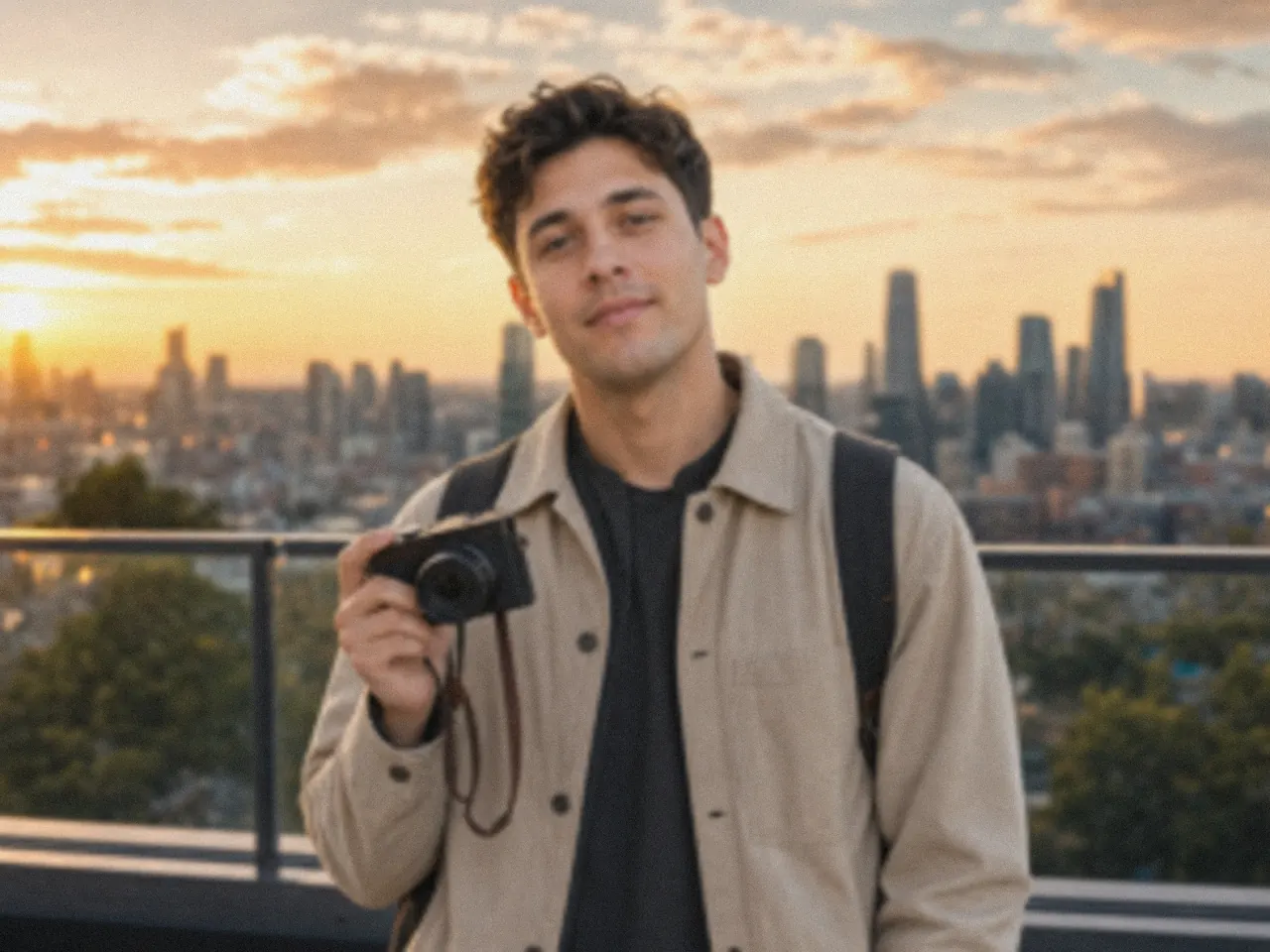 Before: Man holding a camera on a rooftop before and after AI upscaling