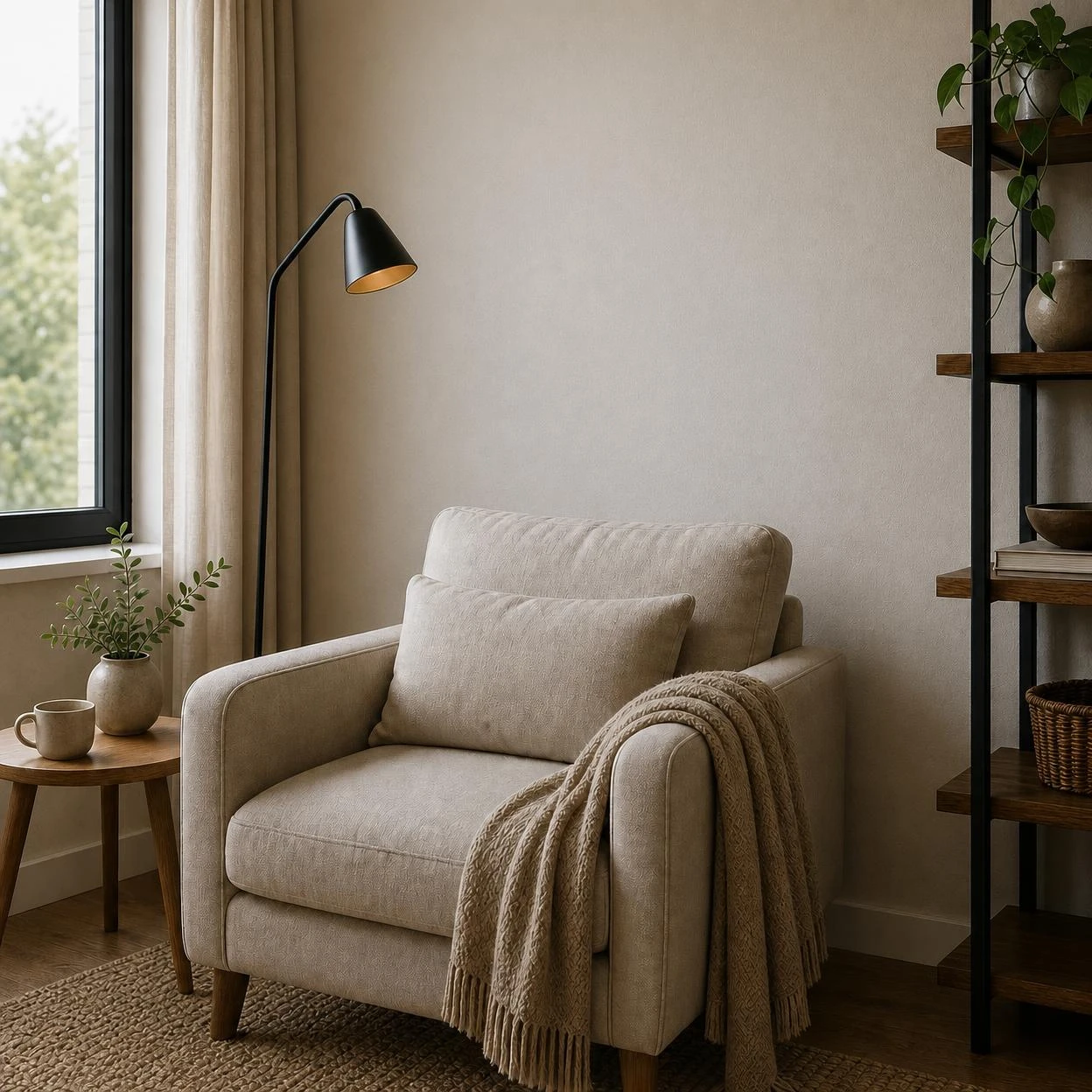 After: Living room armchair with a wall cable before and after local AI background repair