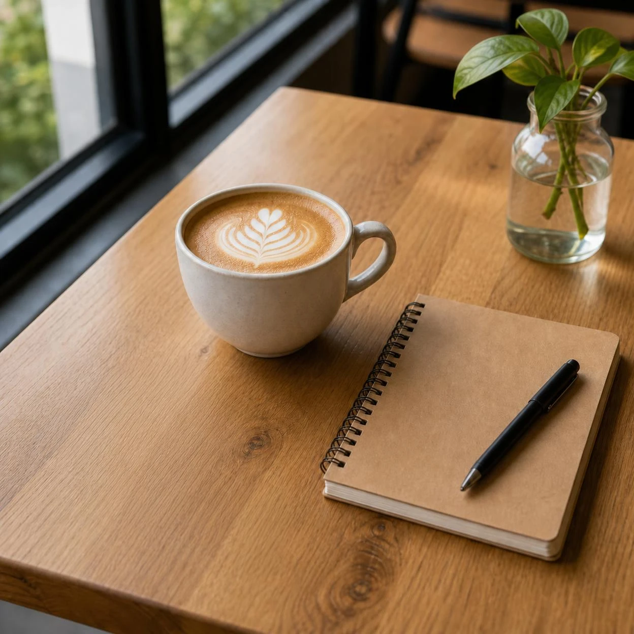 After: Cafe table with a latte, notebook, and crumpled paper before and after local AI repair