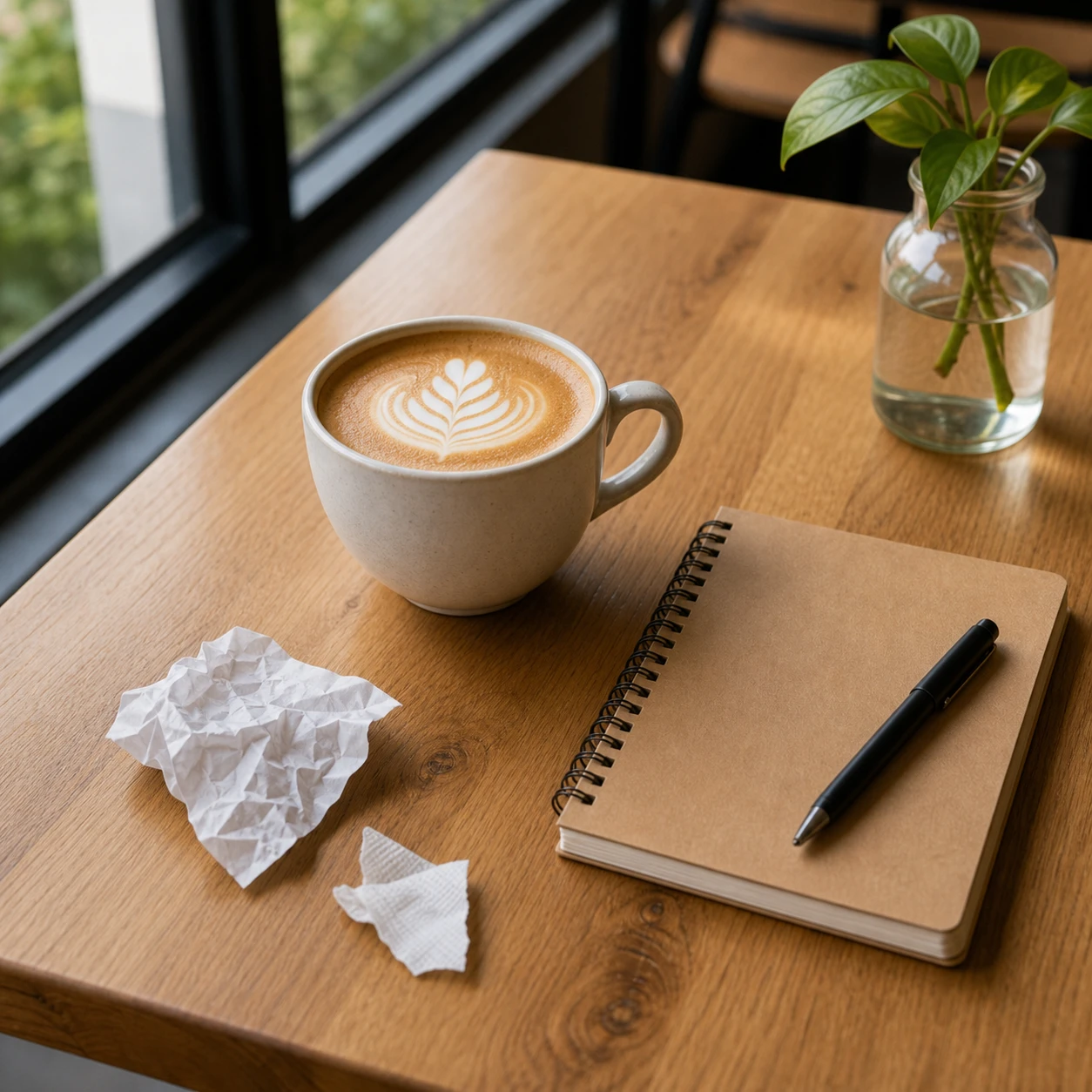 Before: Cafe table with a latte, notebook, and crumpled paper before and after local AI repair