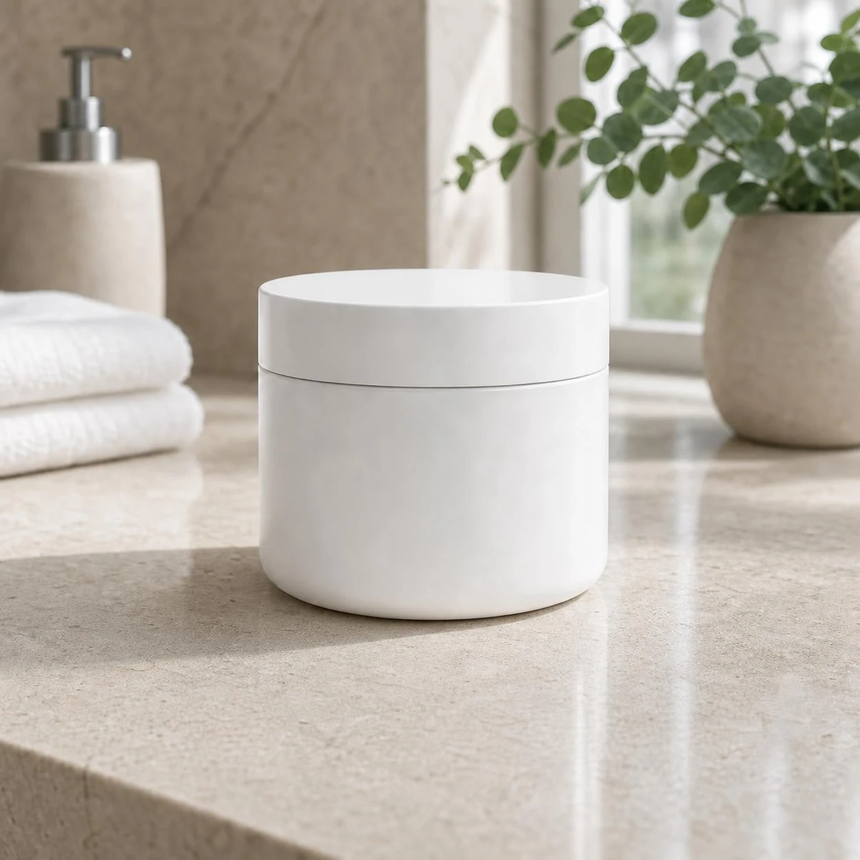 After: White cosmetic jar with packaging and accessories before and after local AI retouching