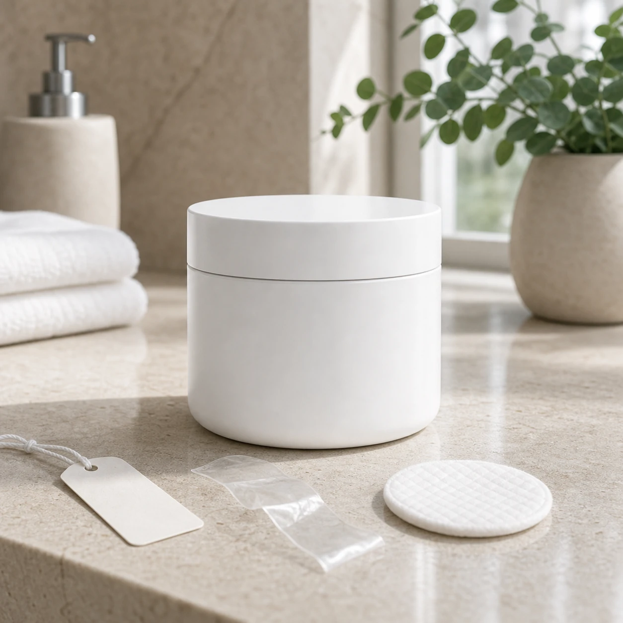Before: White cosmetic jar with packaging and accessories before and after local AI retouching
