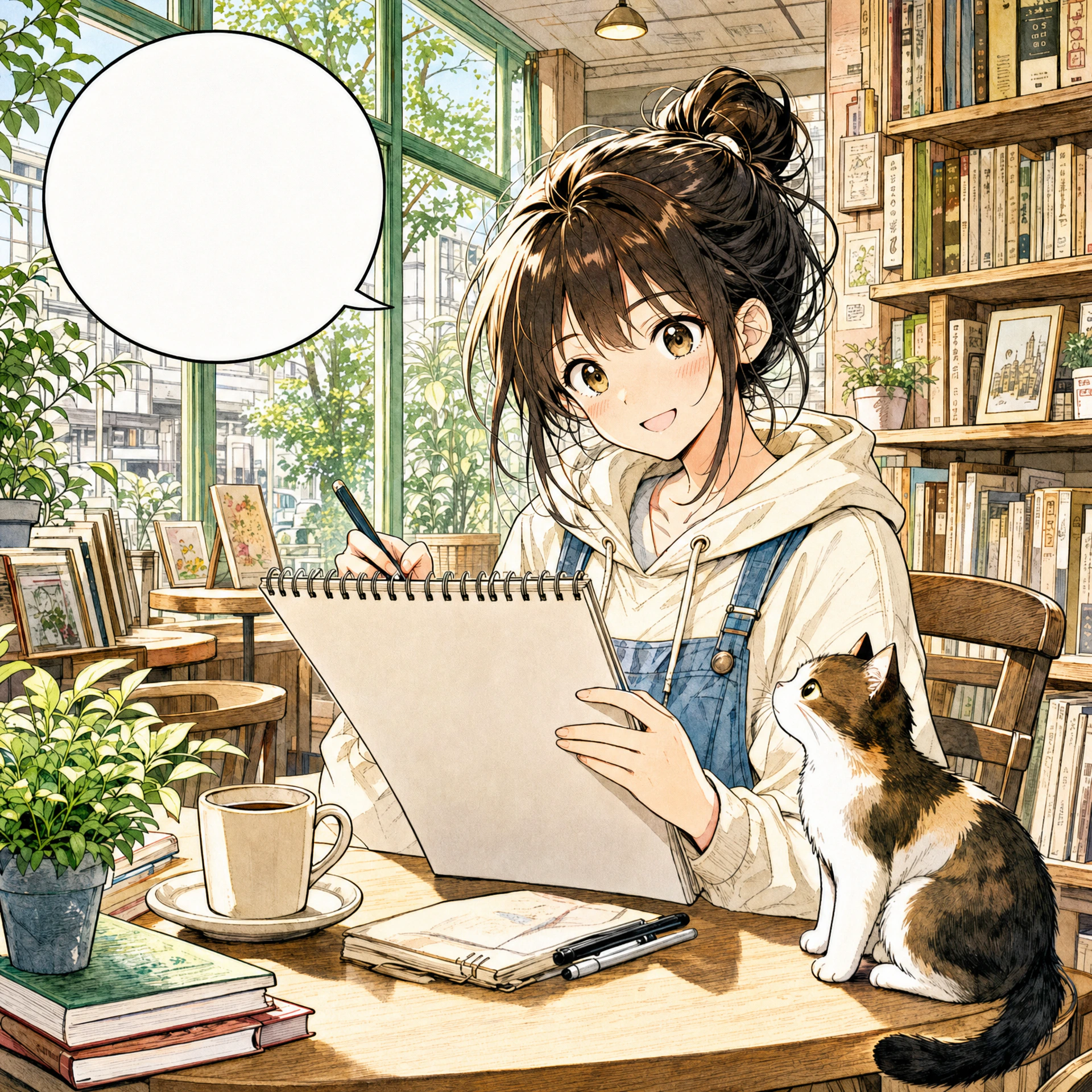 After: Black-and-white manga bookstore scene source image for AI colorization