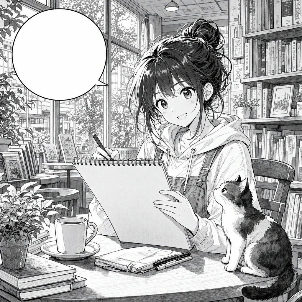Before: Black-and-white manga bookstore scene source image for AI colorization