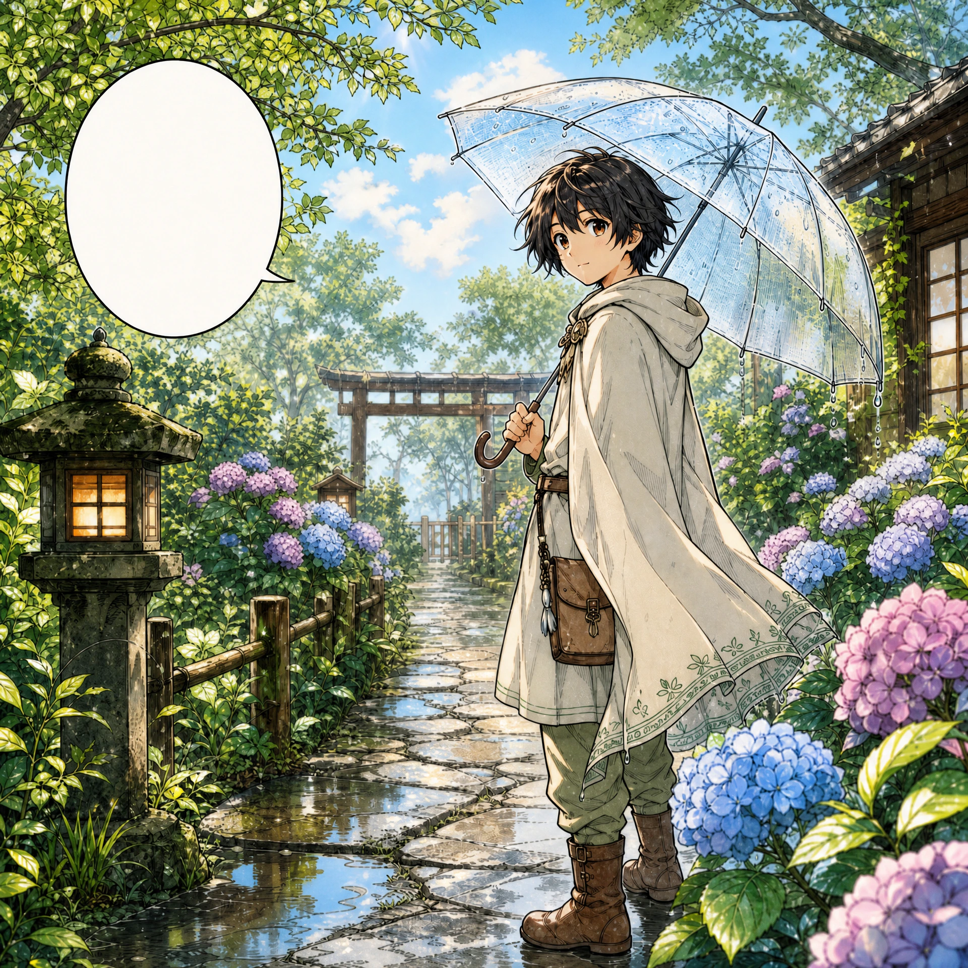 After: Black-and-white rainy garden manga source image for AI colorization