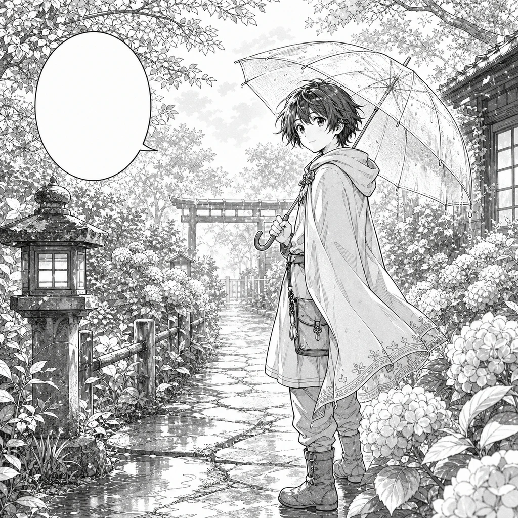 Before: Black-and-white rainy garden manga source image for AI colorization