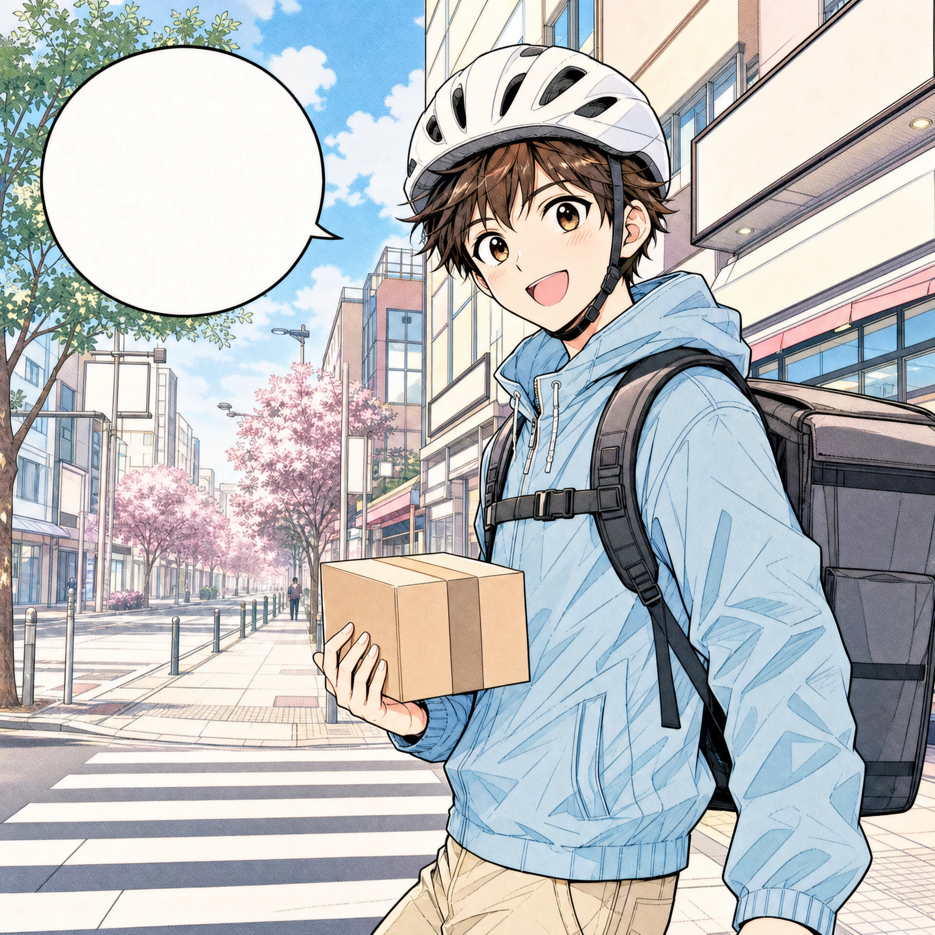 After: Black-and-white webtoon delivery rider source panel for AI colorization