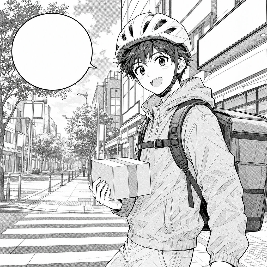 Before: Black-and-white webtoon delivery rider source panel for AI colorization