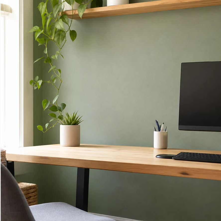 Dopo: Scrivania home office con note sul muro e cavi prima e dopo la rimozione degli oggetti