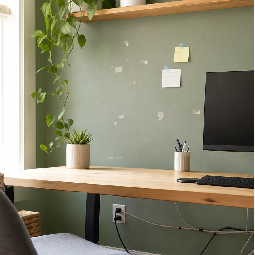 Prima: Scrivania home office con note sul muro e cavi prima e dopo la rimozione degli oggetti