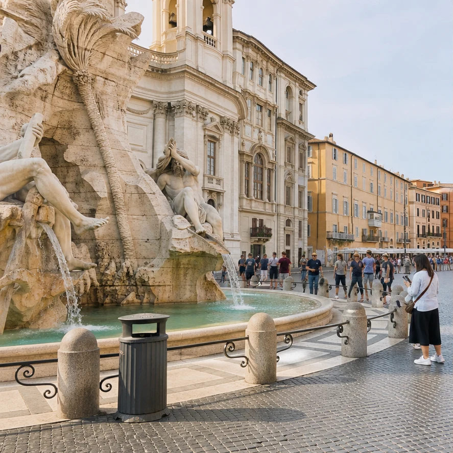 Prima: Fontana storica cittadina con turisti prima e dopo la rimozione degli oggetti