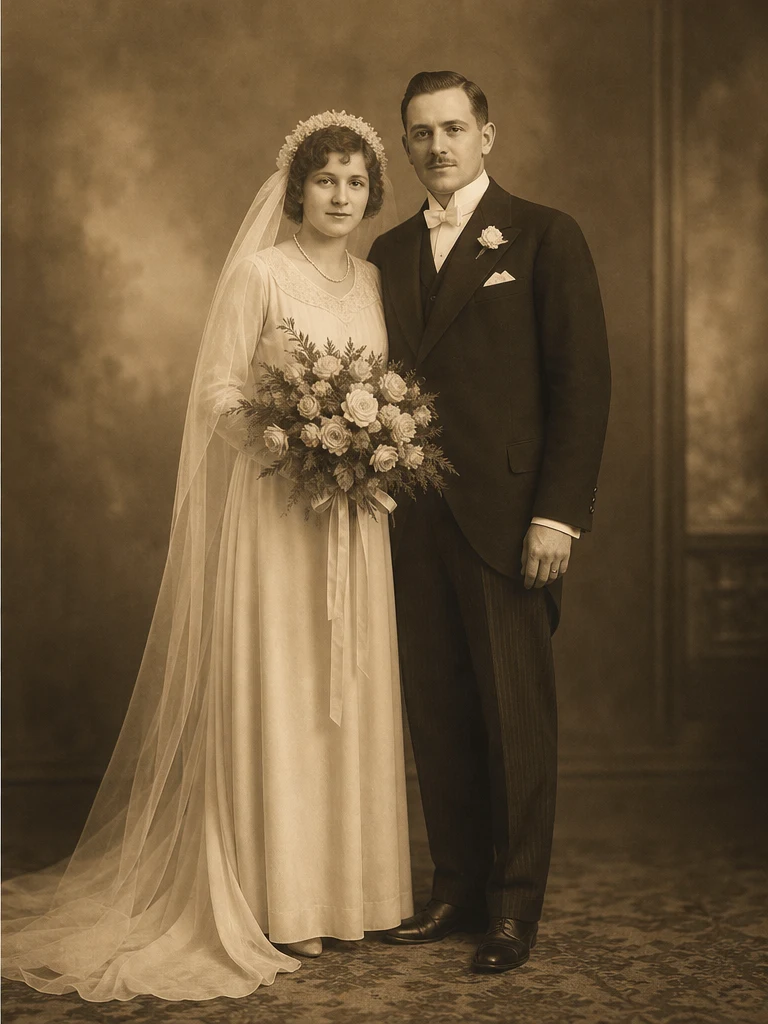 After: Faded sepia wedding photo restored with AI photo restore