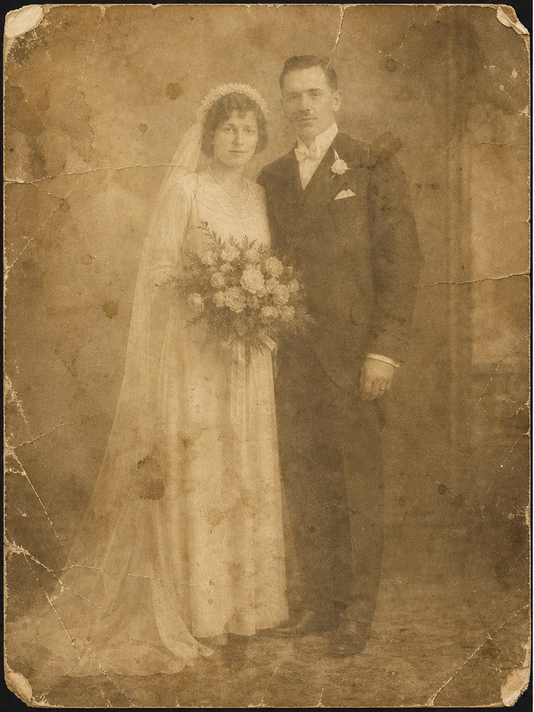 Before: Faded sepia wedding photo restored with AI photo restore