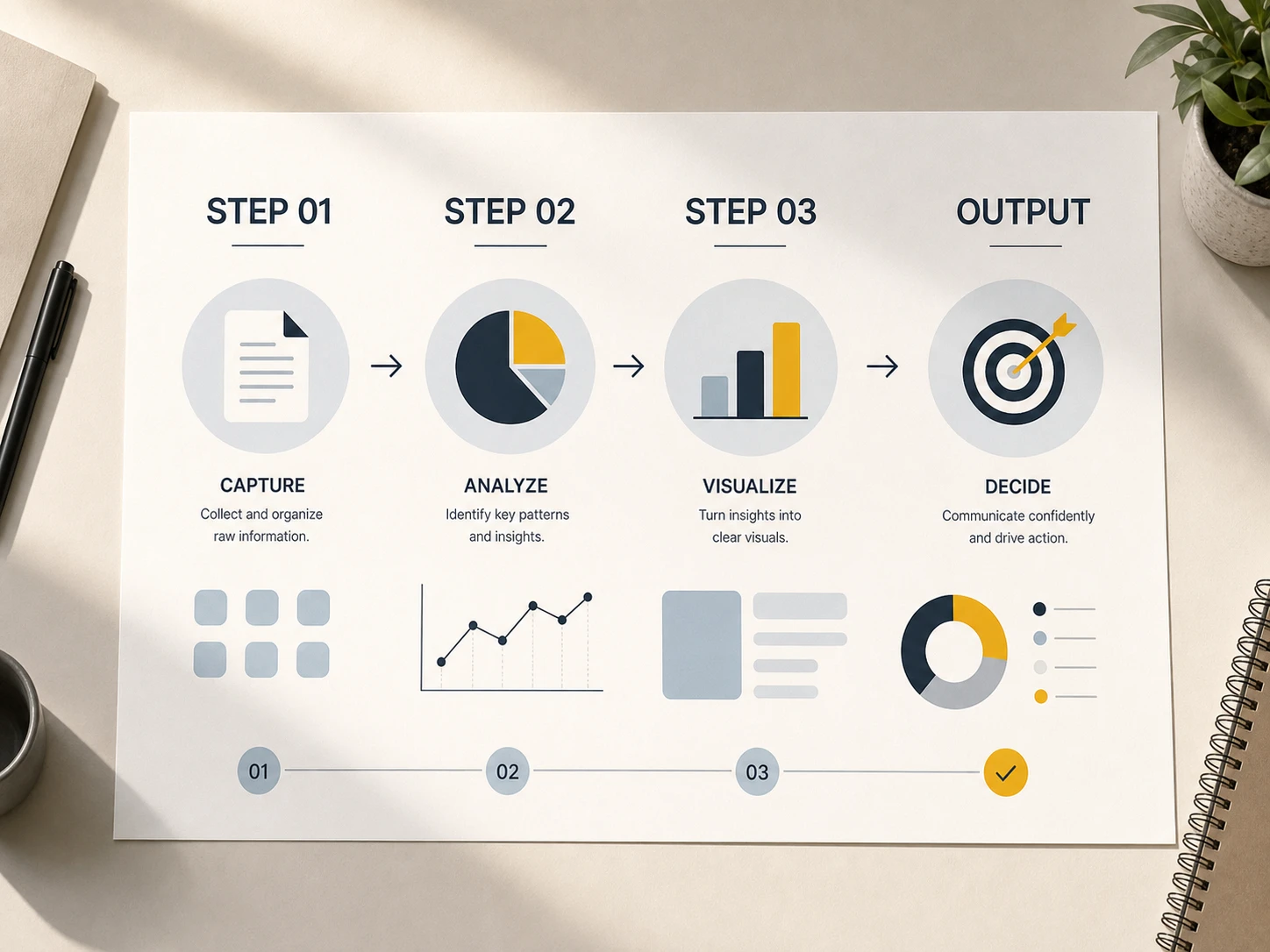Schrittweise Prozess-Infografik auf Papier mit Diagrammen und Zielsymbol