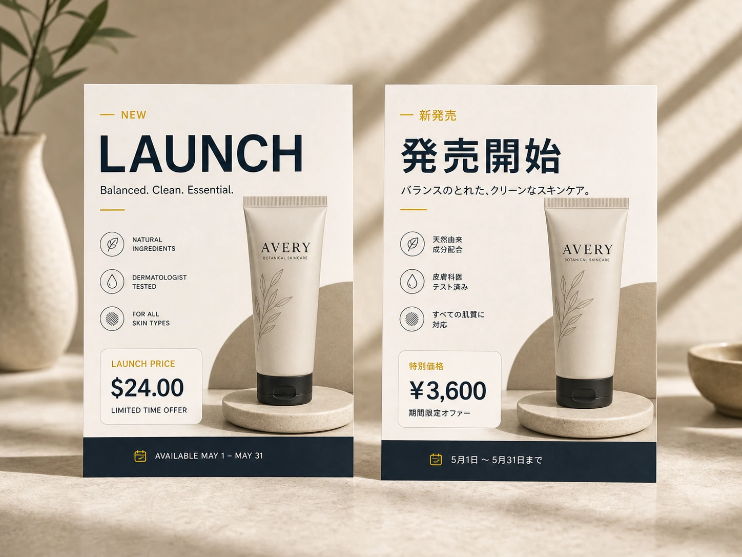 Englische und japanische Skincare-Launchposter mit einer Avery-Produkttube