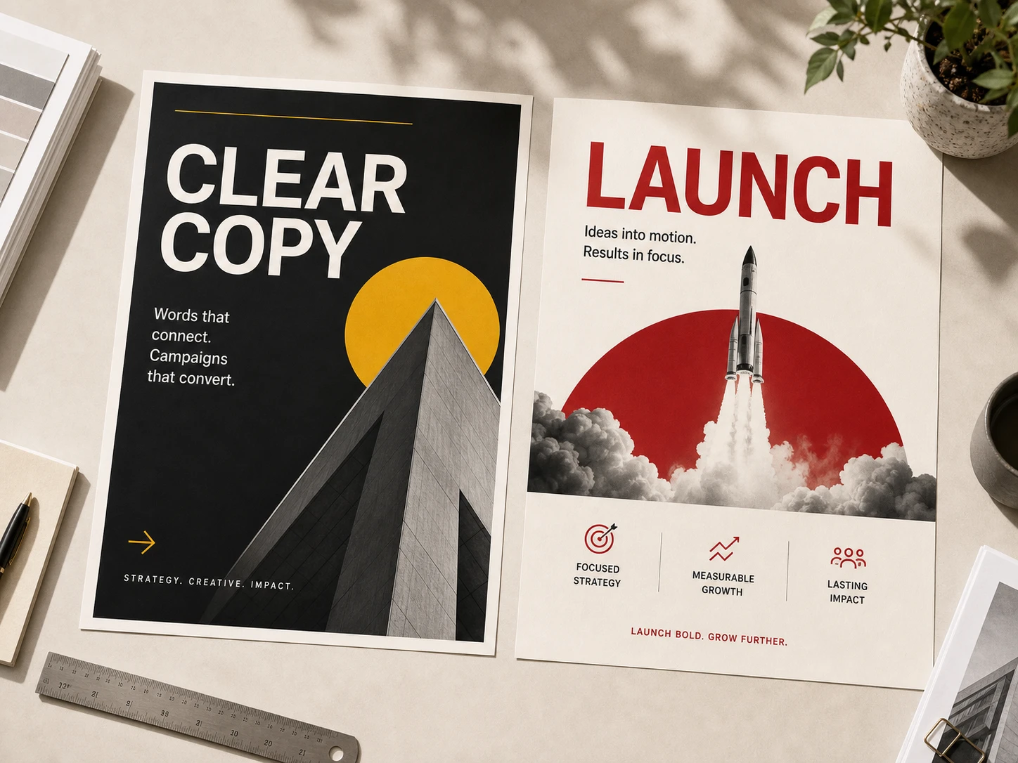 Zwei gedruckte Marketingposter auf einem Schreibtisch mit Launch- und Kampagnentypografie