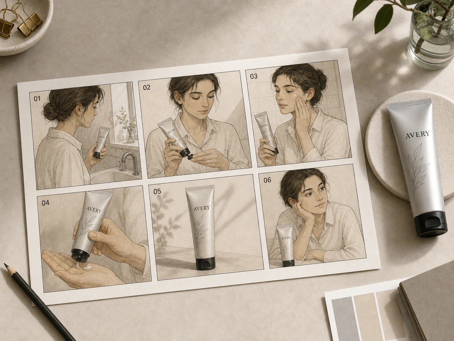 Storyboard-Blatt mit einer Frau, die Avery-Skincare nutzt, neben der Produkttube