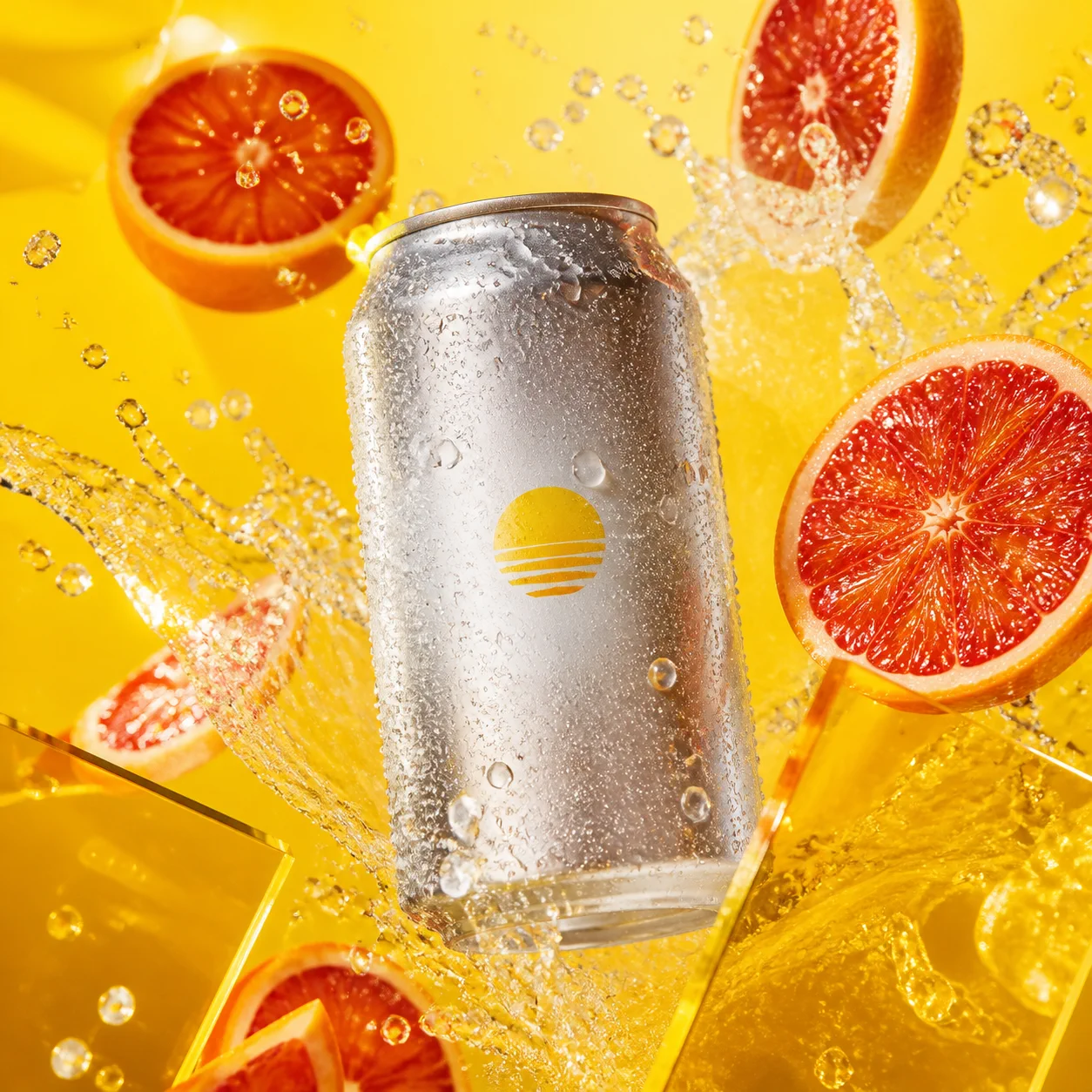 Frosted citrus drink can with floating blood-orange slices generated by Grok Imagine Image 2.0