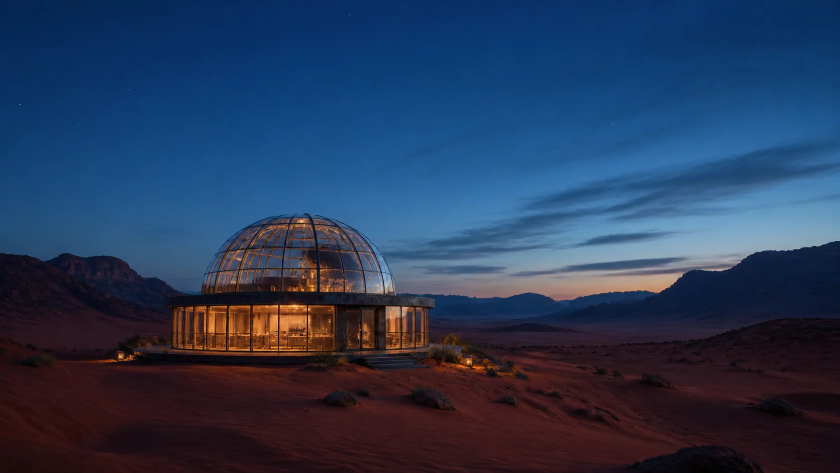 Glass observatory glowing in a rust-red desert at blue hour generated by Grok Imagine Image 2.0