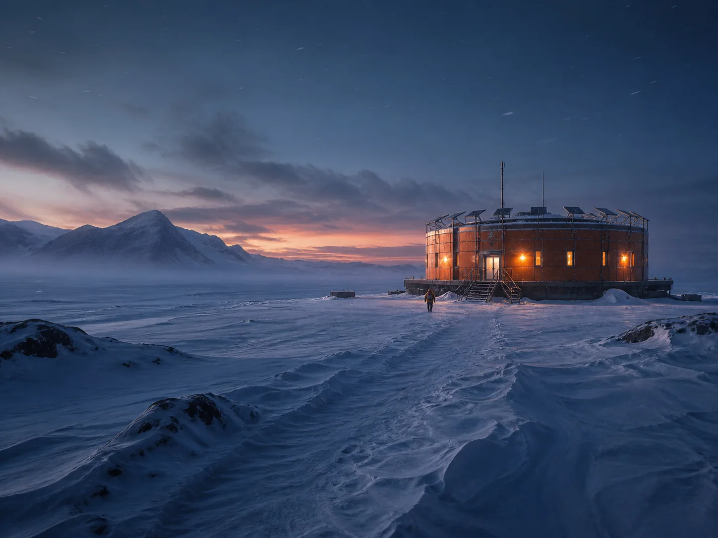Polar research station glowing at dusk beside a distant figure generated by Video Studio AI