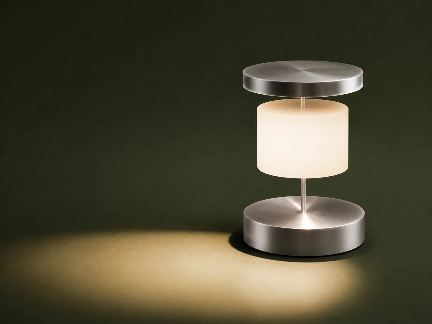 Modular kinetic desk lamp photographed against a sage backdrop generated by Video Studio AI