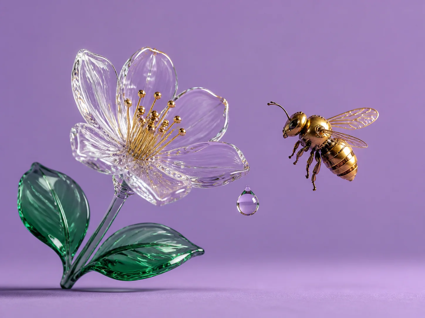 Glass flower paired with a brass mechanical bee on lavender generated by Video Studio AI