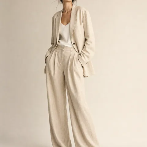 Model outfit swapped for a beige linen suit from a reference photo