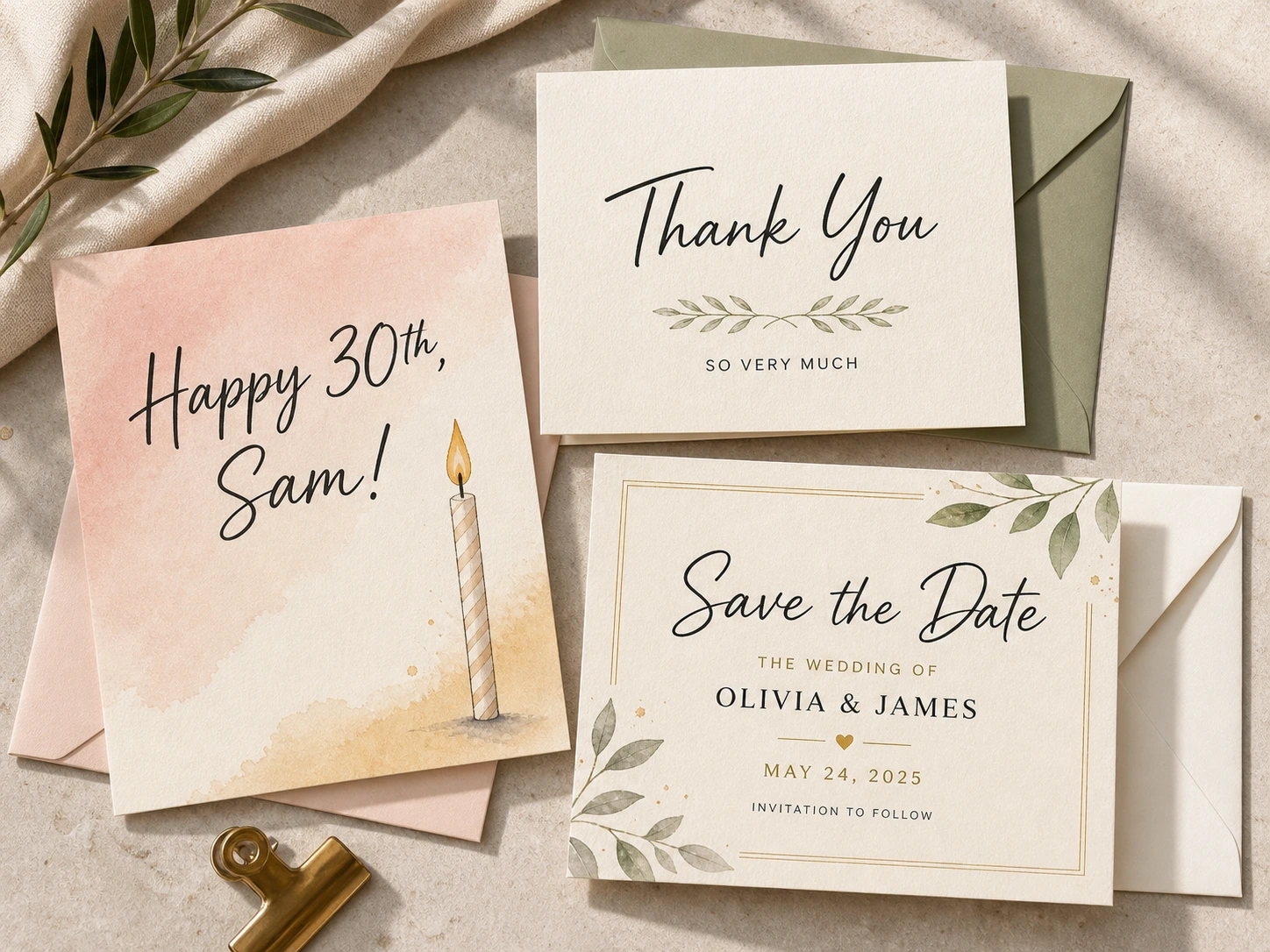 Geburtstags-, Dankes- und Save-the-Date-Hochzeitskarten mit Umschlägen arrangiert