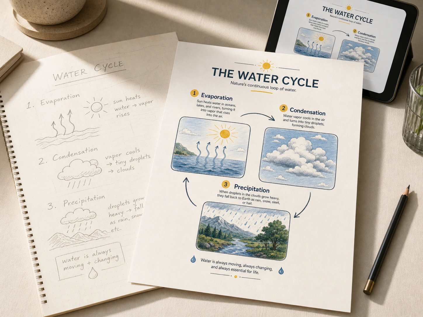 Wasserkreislauf-Infografik mit Feldern für Verdunstung, Kondensation und Niederschlag