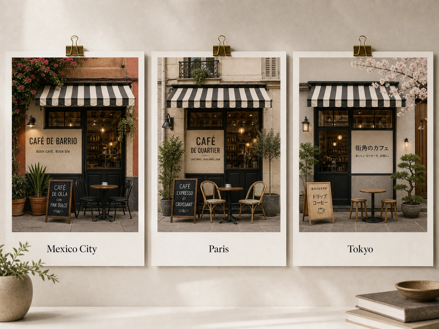 Drei lokalisierte Café-Schaufensterposter für Mexiko-Stadt, Paris und Tokio