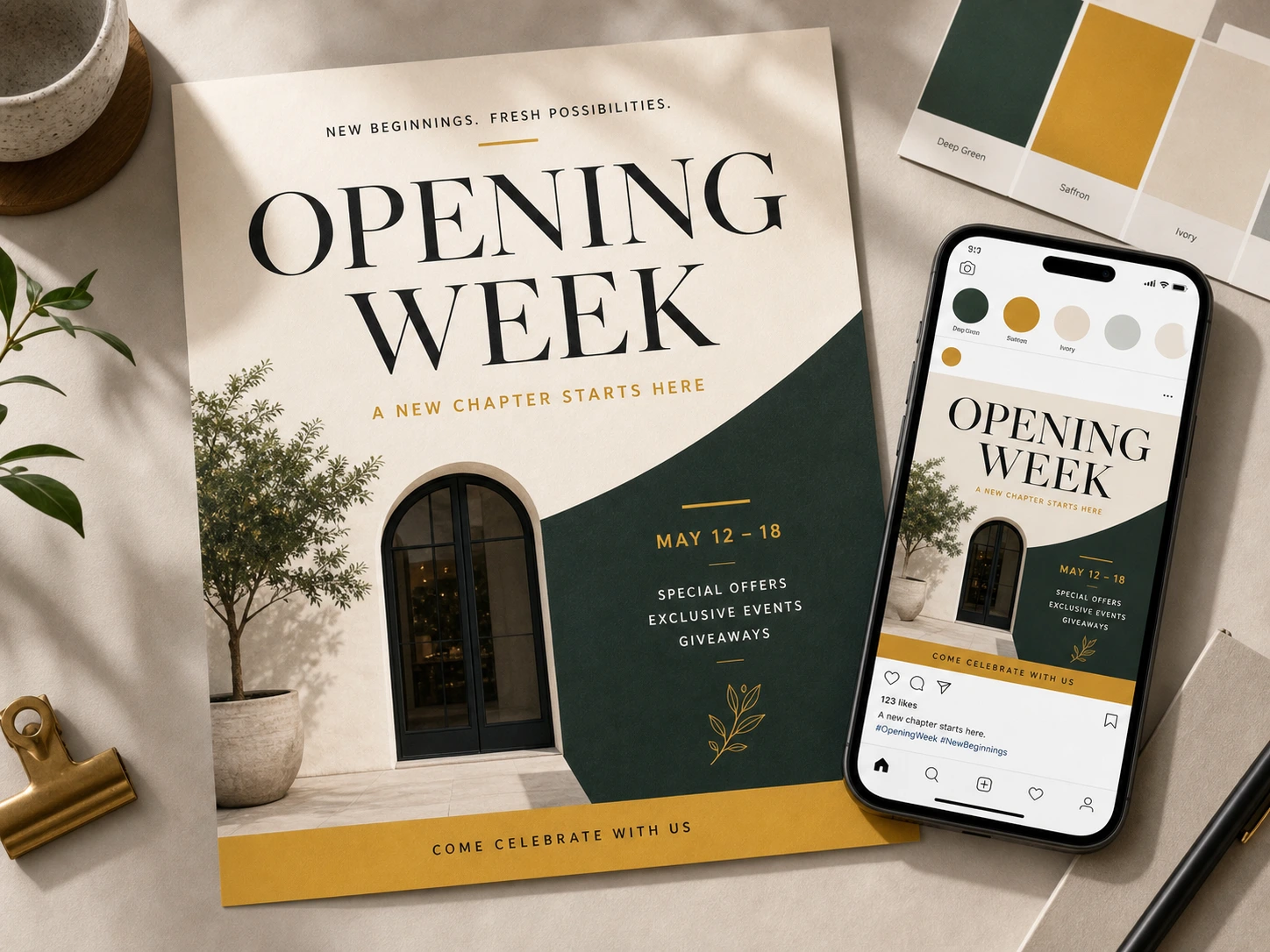 Opening-Week-Poster und Smartphone-Mockup mit passender Markenfarbpalette