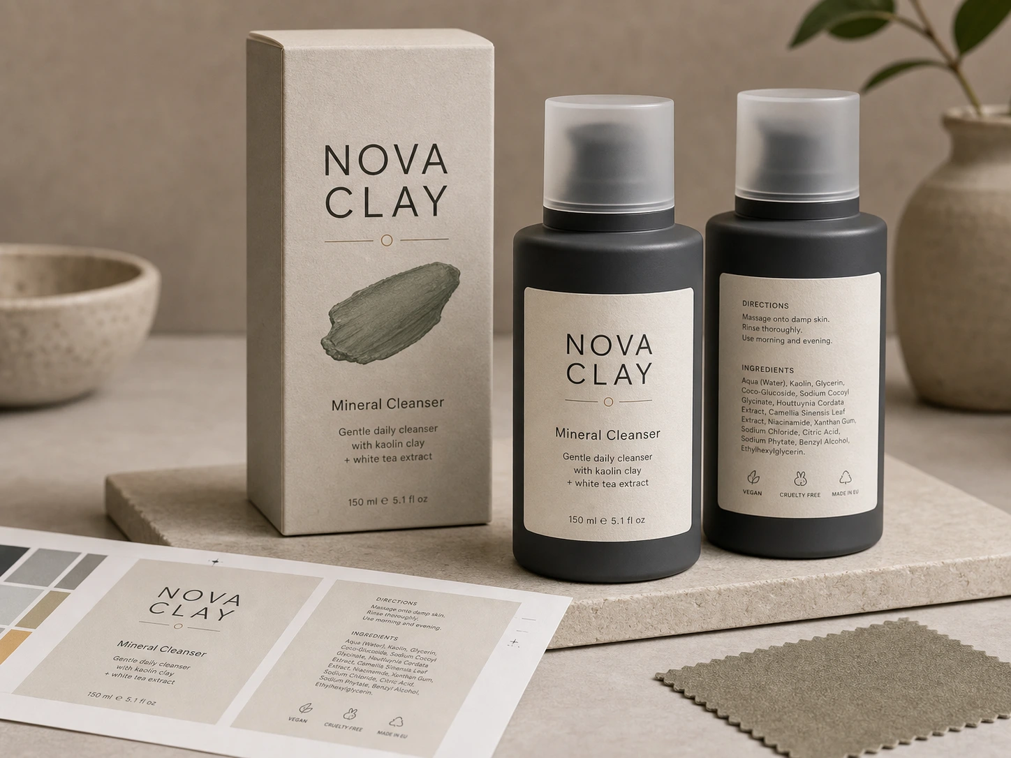 Nova-Clay-Mineralreiniger-Verpackung mit zwei schwarzen Flaschen und gedrucktem Etikettenbogen