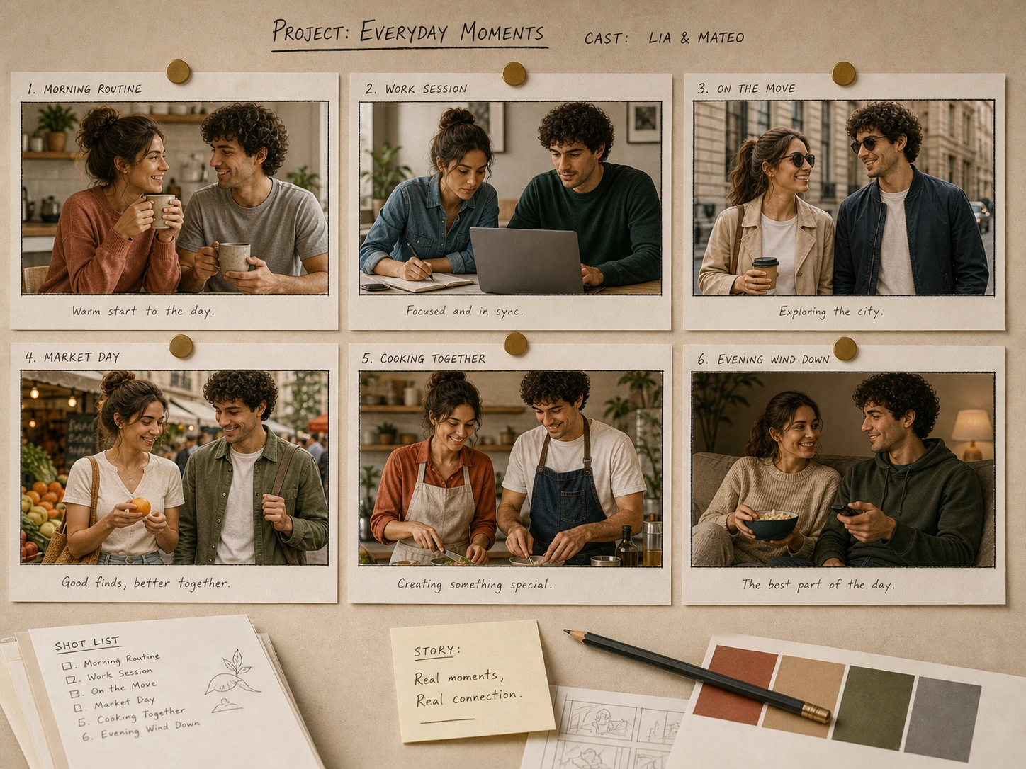 Sechsteiliges Everyday-Moments-Storyboard von Lia und Mateo in Alltagsszenen