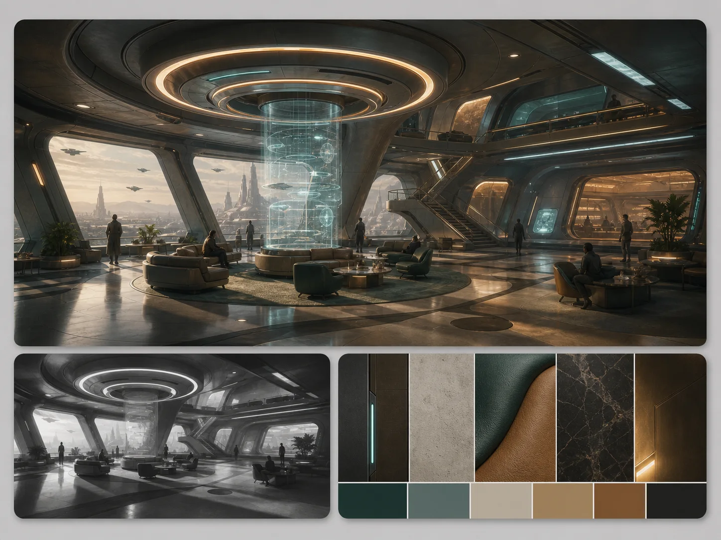 Futuristisches Lounge-Konzeptboard mit Hologramm, Materialmustern und Farbfeldern