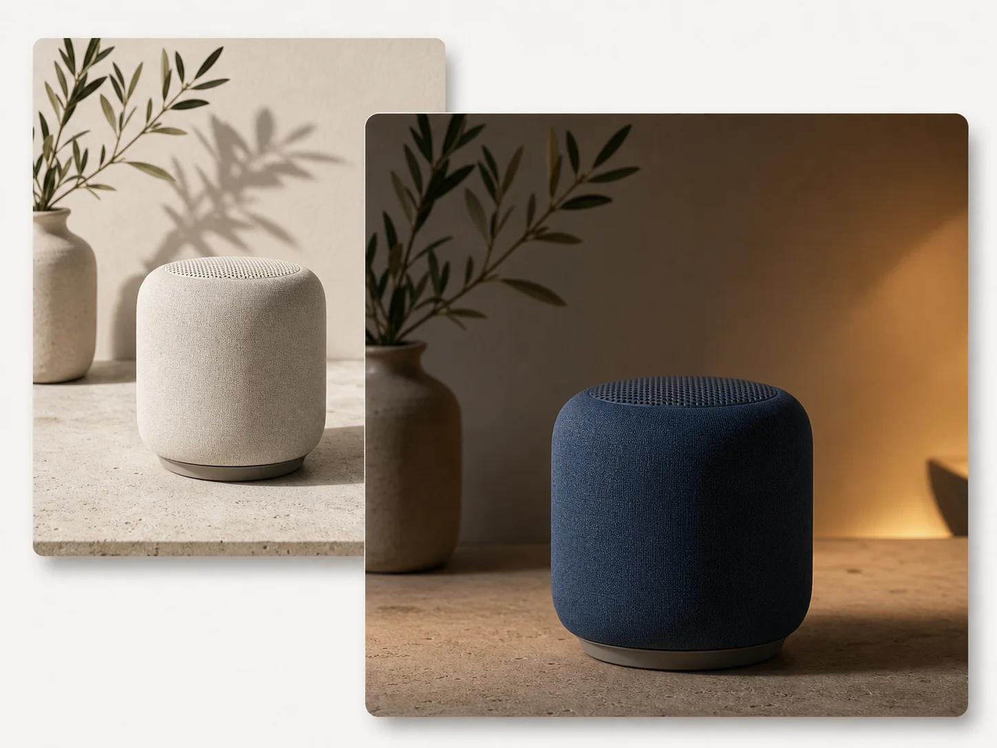 Produktbild eines Smart Speakers, von hellem Stofffinish zu Dunkelblau bearbeitet