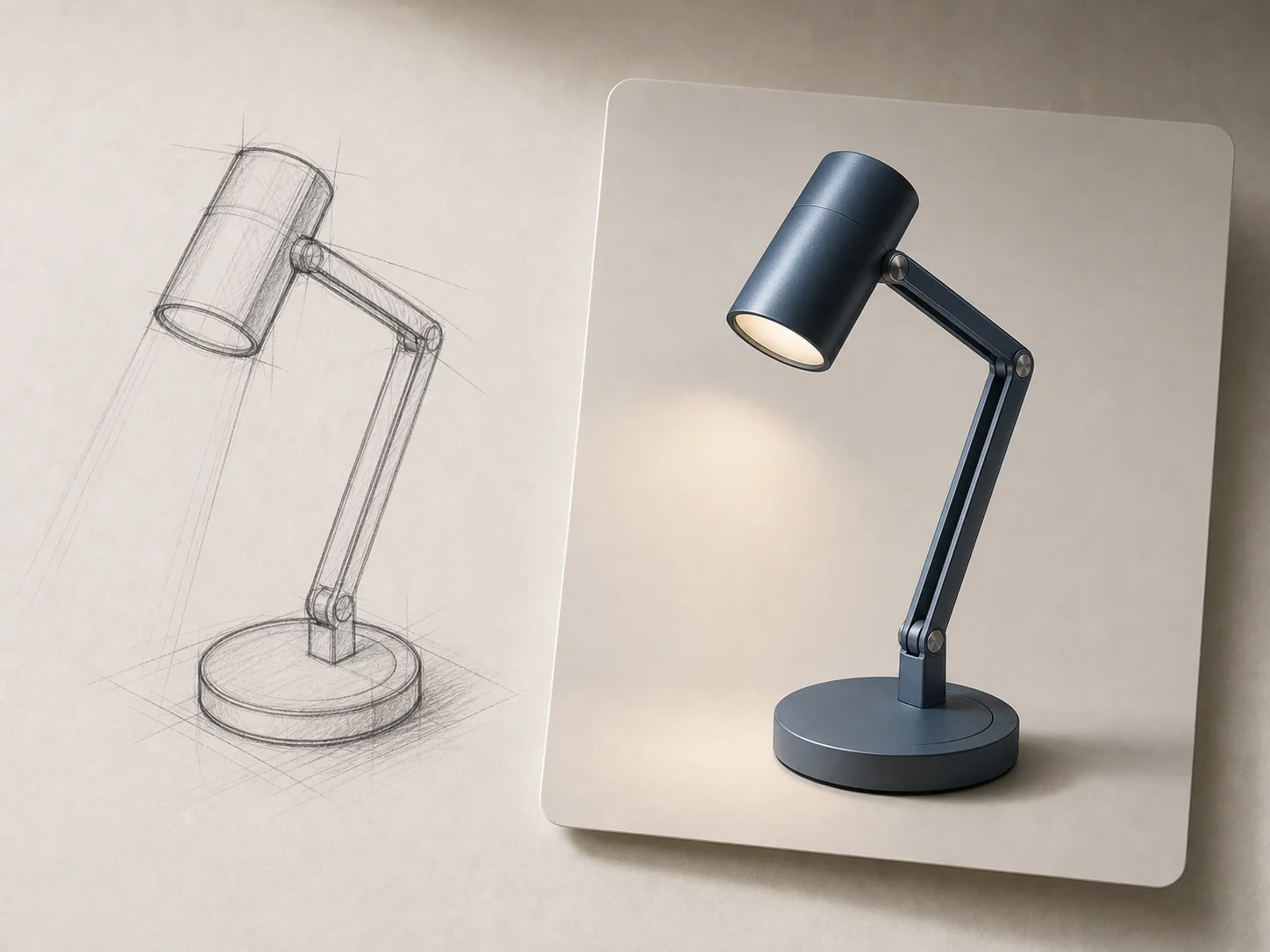Bleistiftskizze einer Schreibtischlampe neben einer gerenderten Lampe