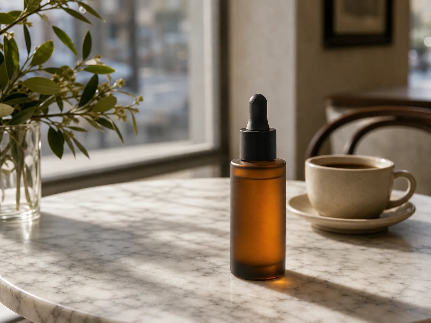 Amber serum dropper bottle on a marble table with a coffee cup