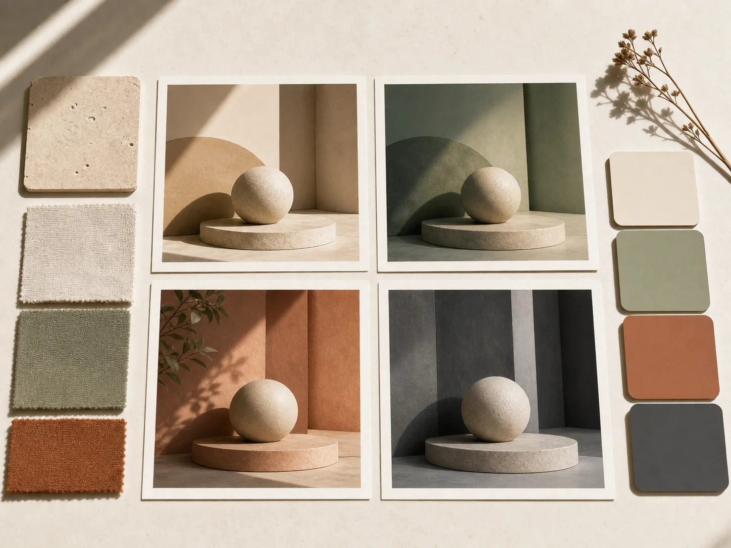 Neutral material concept board with stone sphere studies and color swatches