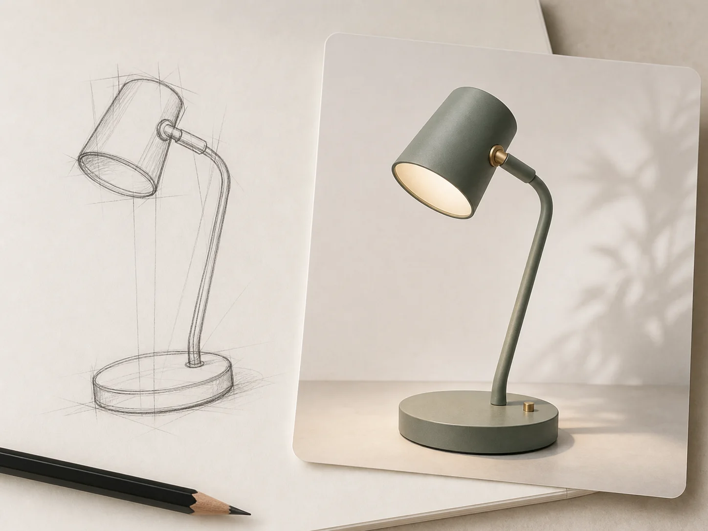 Desk lamp pencil sketch beside a rendered desk lamp
