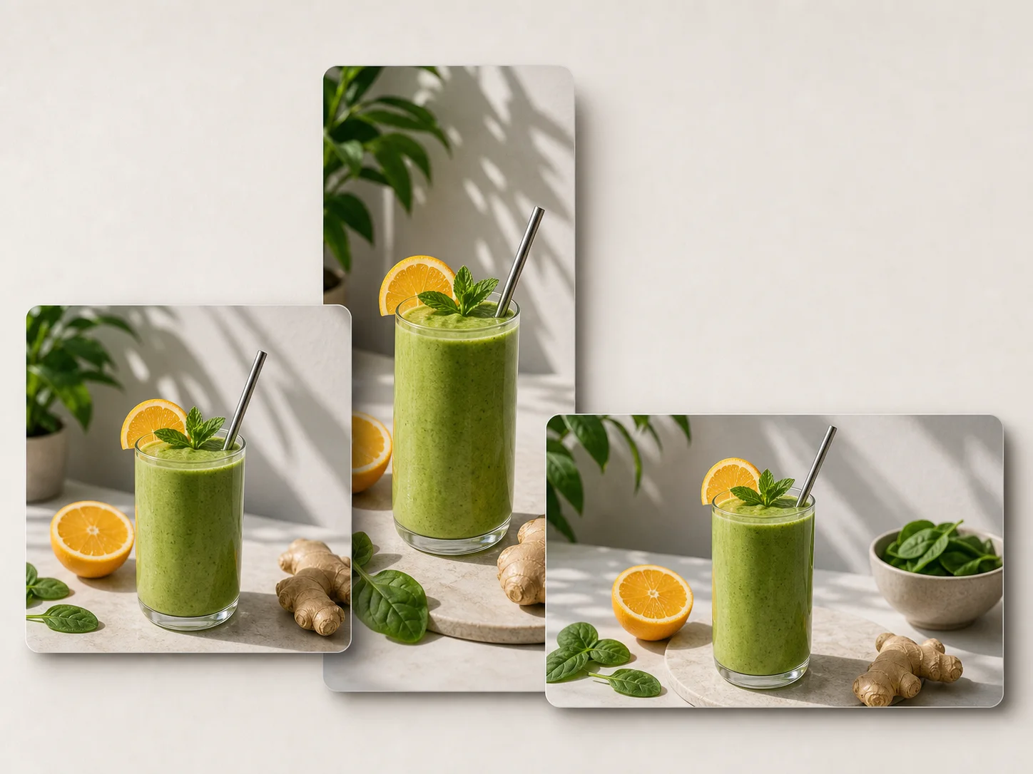 Green smoothie with orange, spinach, and ginger in three social media crops