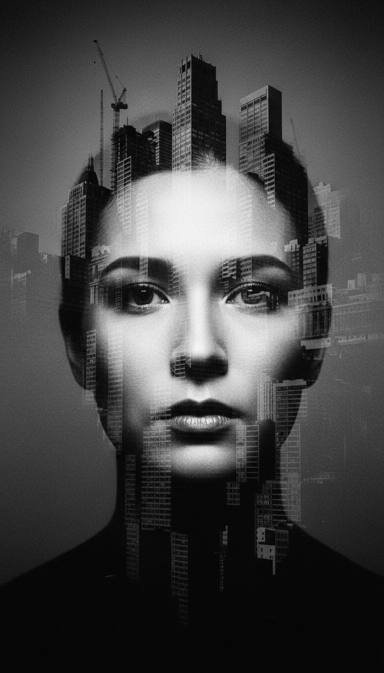 Face merged with a cityscape skyline in surreal double exposure — black and white portrait prompt for Video Studio AI