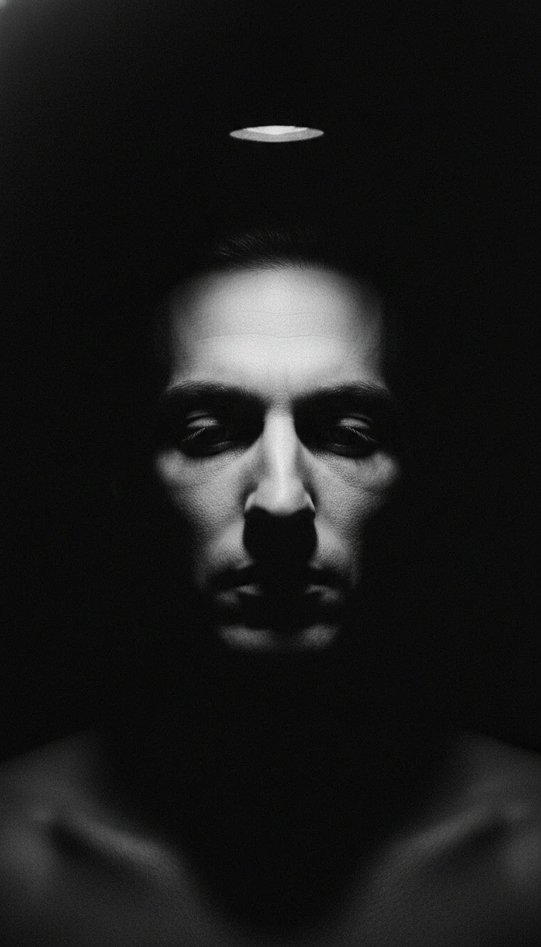 Subject under a single overhead Fresnel spotlight emerging from pure black — black and white portrait prompt for Video Studio AI