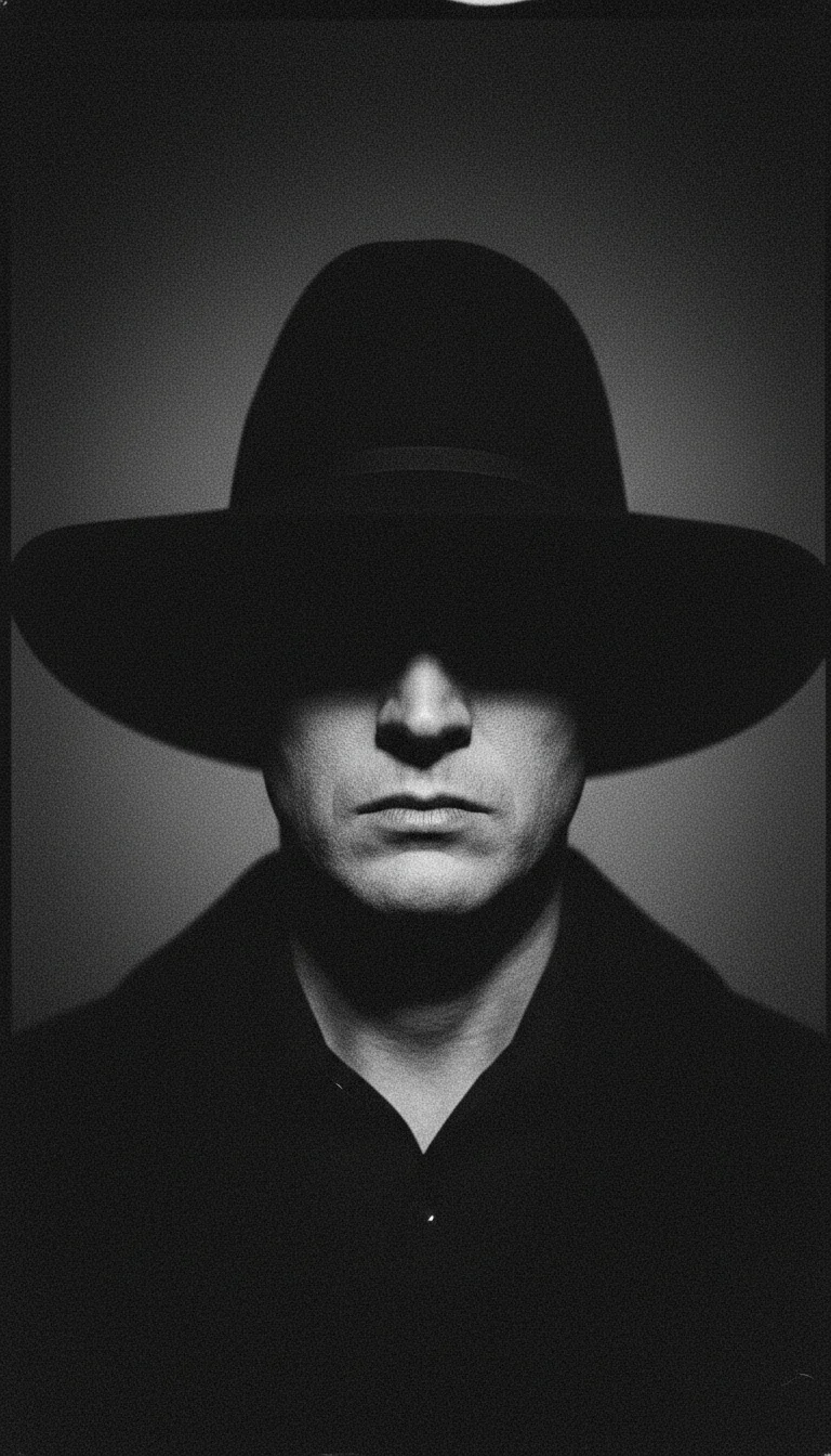 Face partly obscured by hat brim with upward horror lighting from below — black and white portrait prompt for Video Studio AI